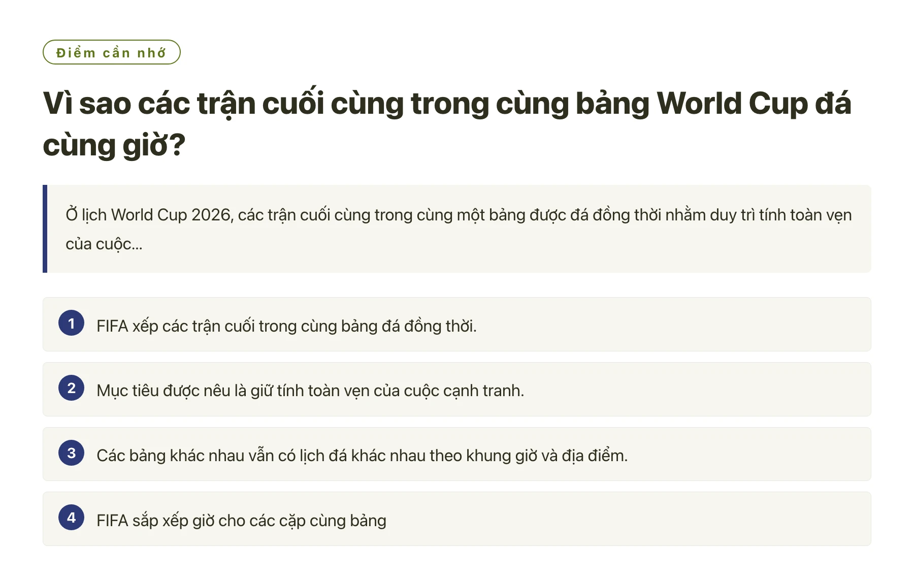 Vì sao các trận cuối cùng trong cùng bảng World Cup đá cùng giờ?——全文要点速览