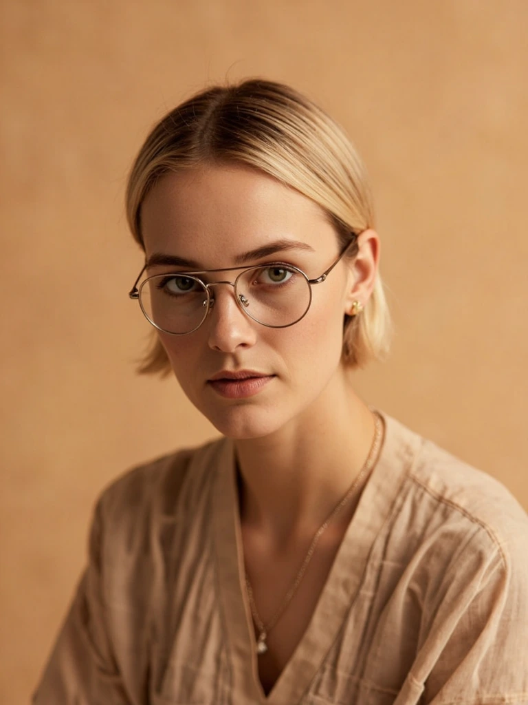 Model wearing the Soren aviator frames in brushed steel.