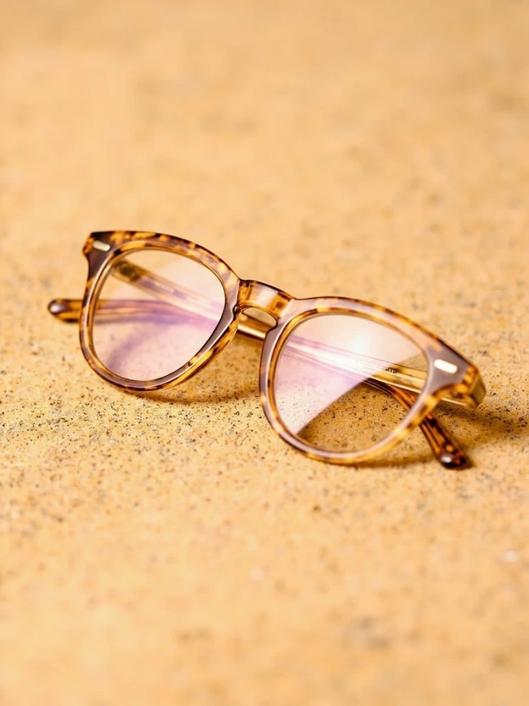 Oversized honey acetate frames on sandy surface