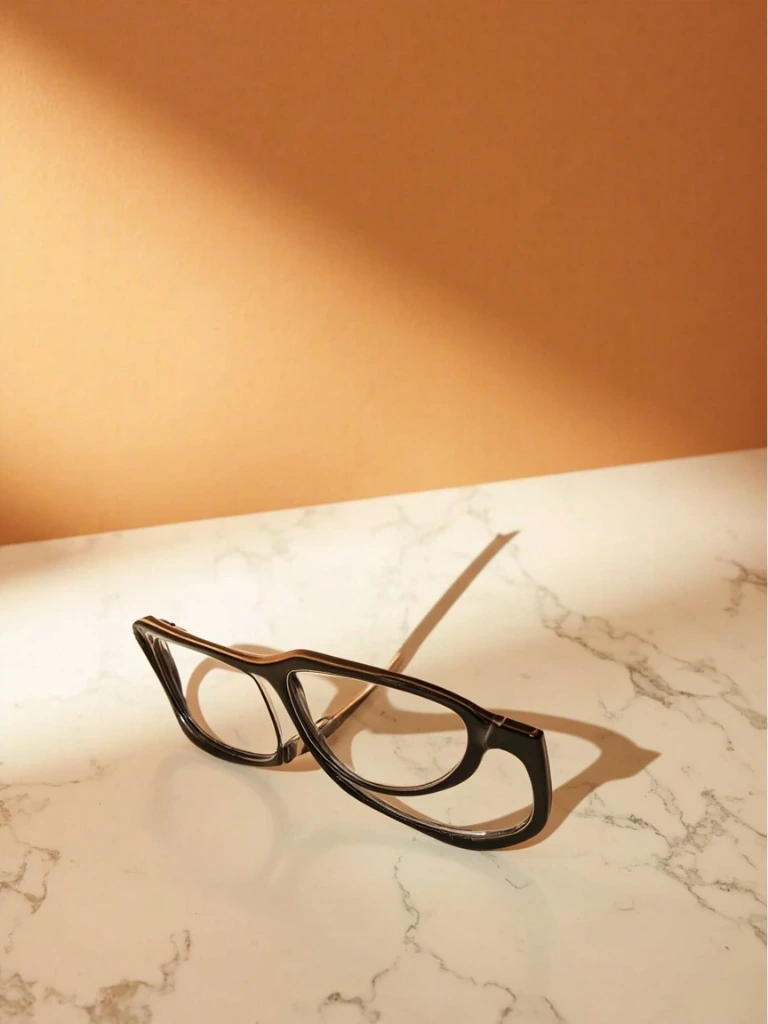 Square black acetate frames on marble surface