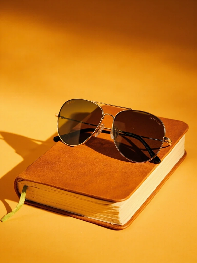 Gold aviator frames on tan leather notebook